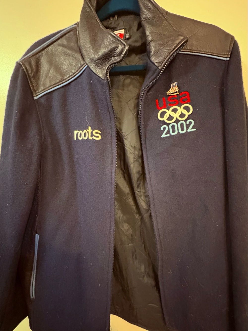 Roots Navy Wool Blend Pea Coat with Leather Trim & USA 2002 Embroidery